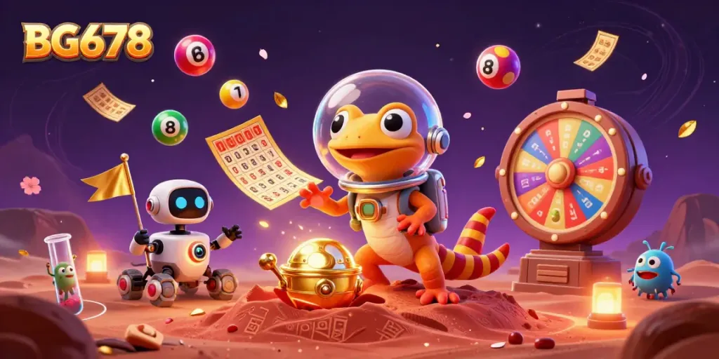 Engage with BG678 in a vibrant casino, featuring dynamic games and colorful elements in 3D.