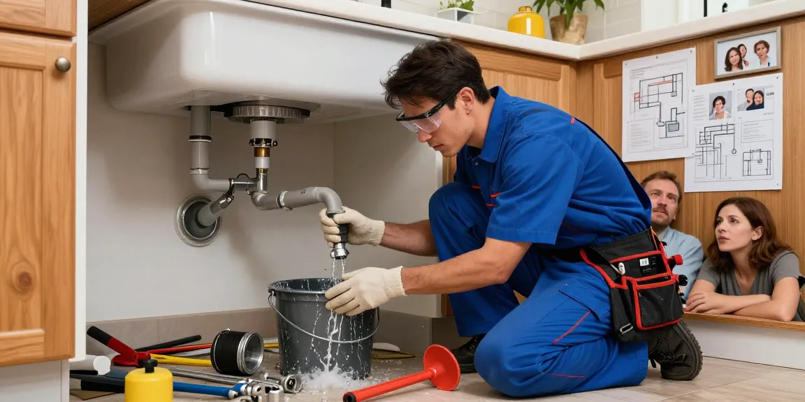 atscleaning.co.uk plumber fixing a kitchen leak during a home emergency with tools and distressed homeowners