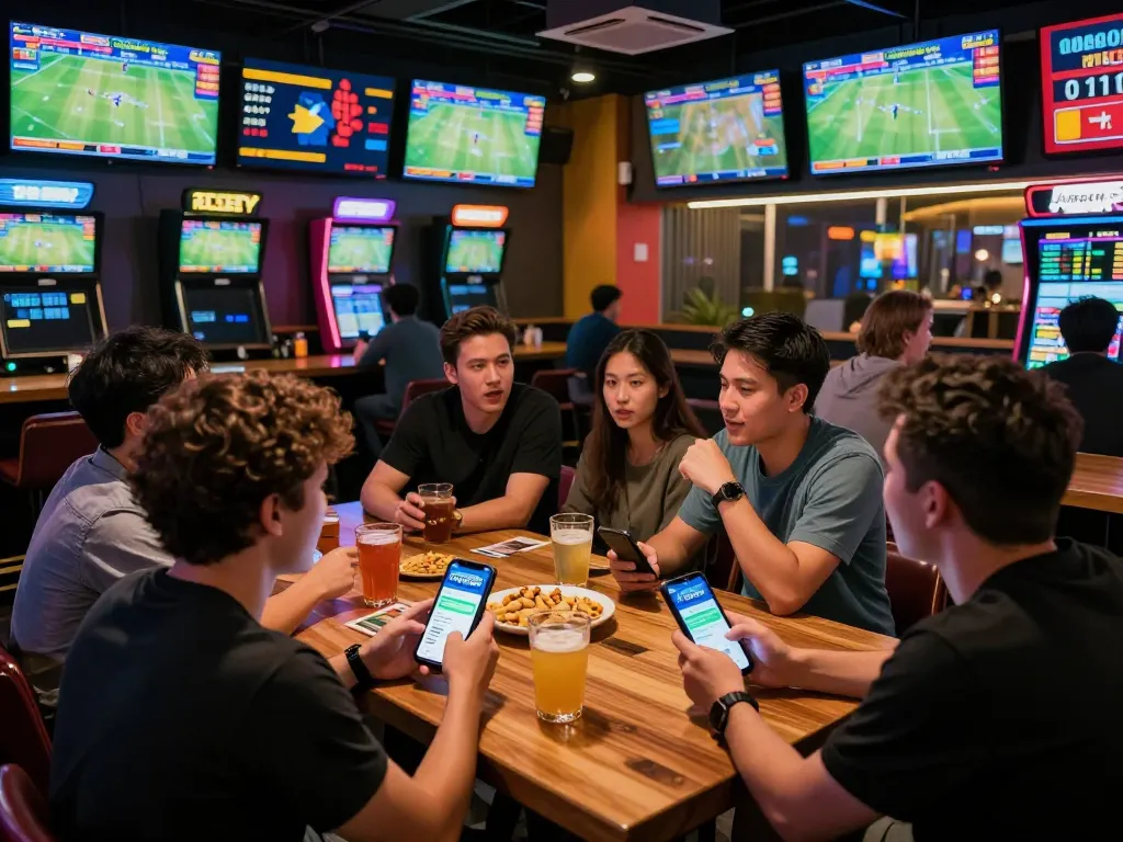 Engaging scene of friends placing bets on Fun88 com app in a lively sports bar