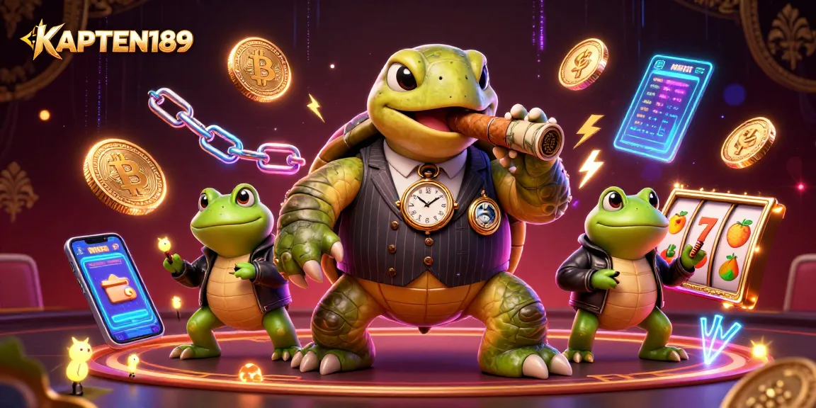 KAPTEN189 menampilkan karakter kartun kasino tersenyum yang dikelilingi elemen slot dan koin cryptocurrency.