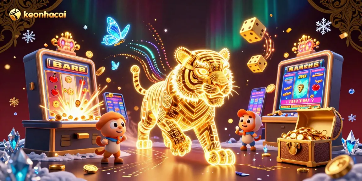 Engage in thrilling action with keonhacai as the golden tiger prowls through a vibrant sports betting landscape.