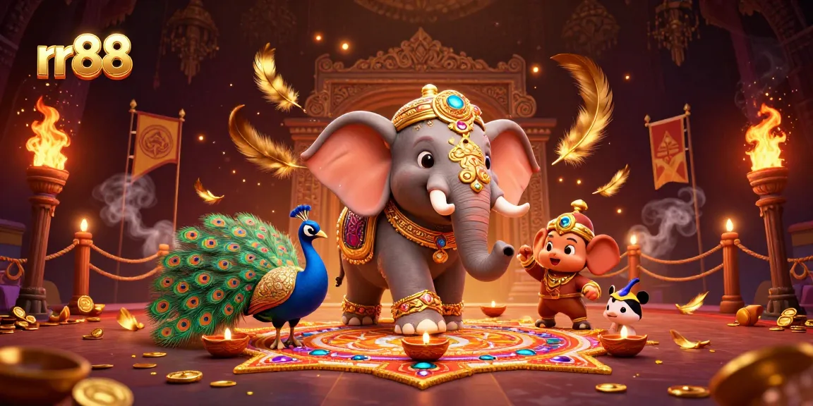 Engage with rr88's online gambling scene featuring vibrant, festive elements and rich casino symbols.
