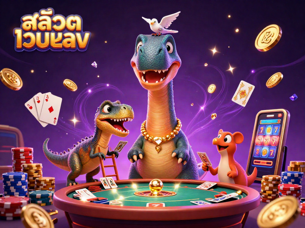 Experience excitement at a casino table with สล็อตเว็บตรง and soaring dino characters amid dazzling decorations.