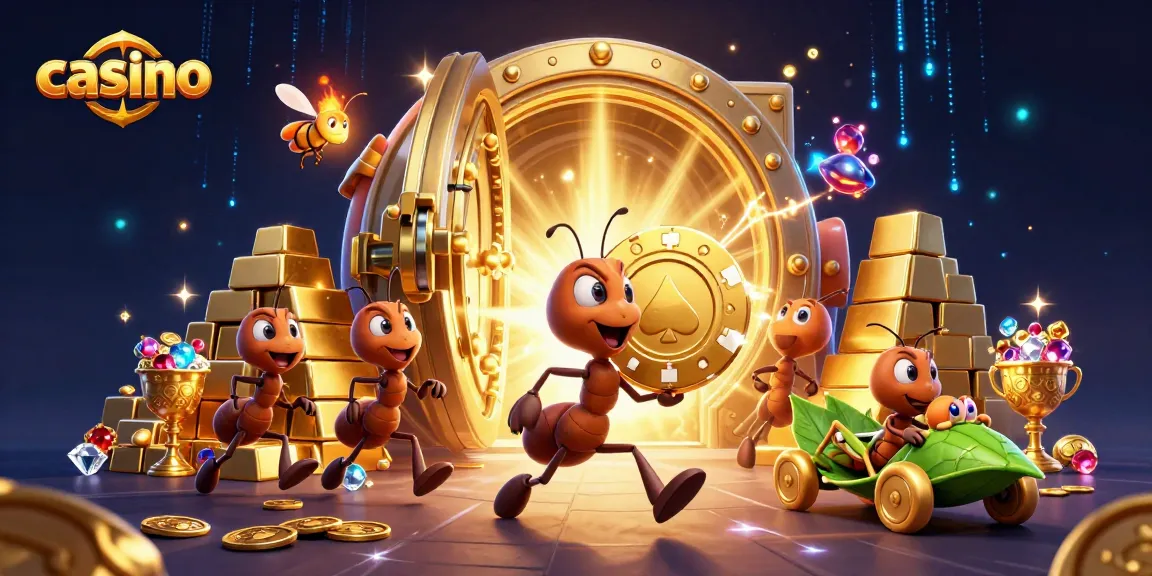 Cute cartoon ants planning a casino heist with golden chips, treasures bursting from a vault