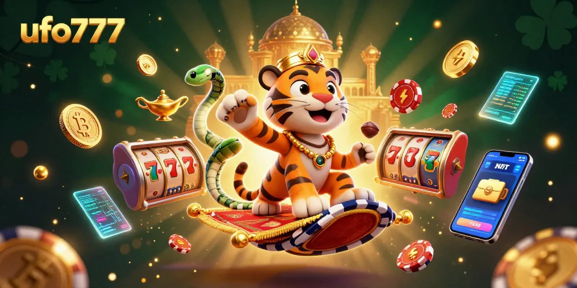 Engage with ufo777 for thrilling slot adventures on a vibrant, dynamic scene featuring a tiger sultan and glowing crypto coins.