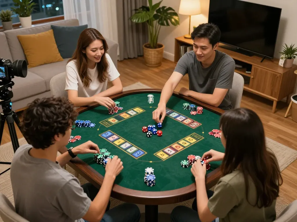 Xóc đĩa gameplay showcasing home players engaged around a table, chips and dice in action