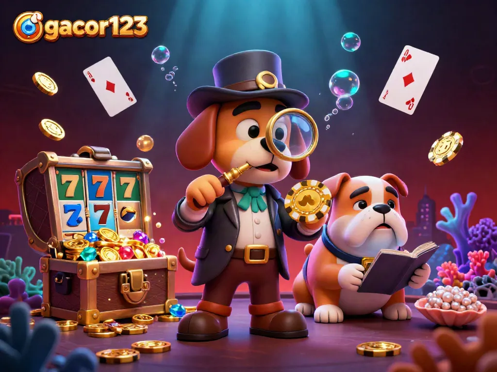 Engage in thrilling experiences with gacor123 at a dynamic cartoon casino scene featuring detectives and treasure.