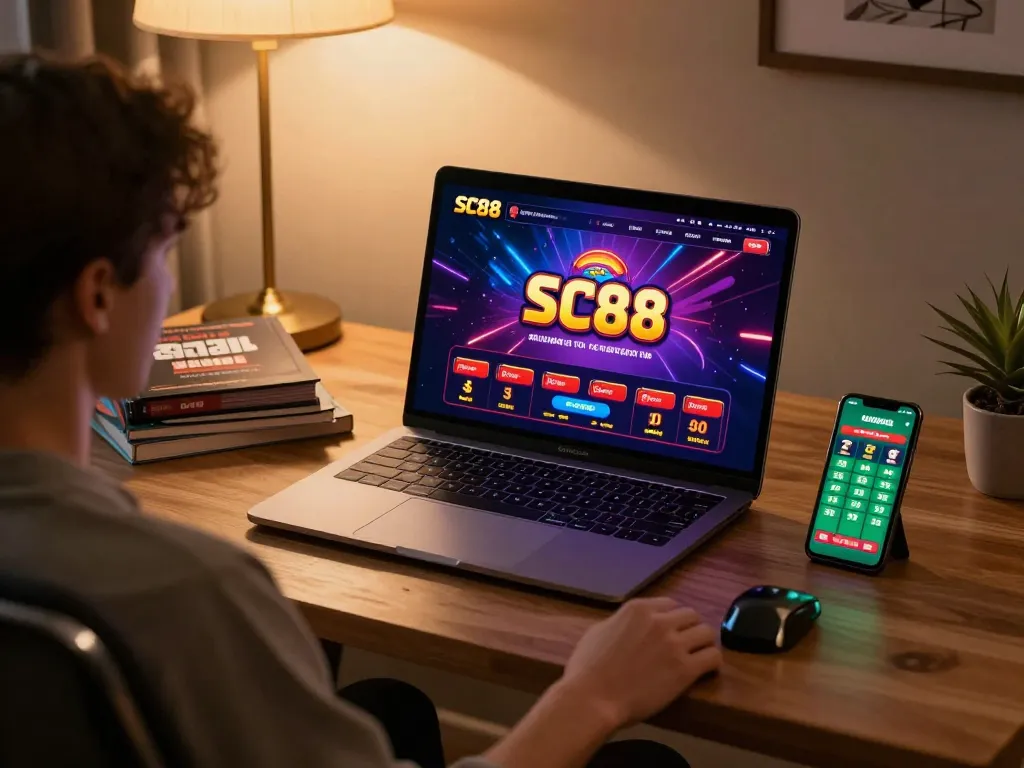 Engaging with the SC88 casino app on a laptop, showcasing responsible online gambling.