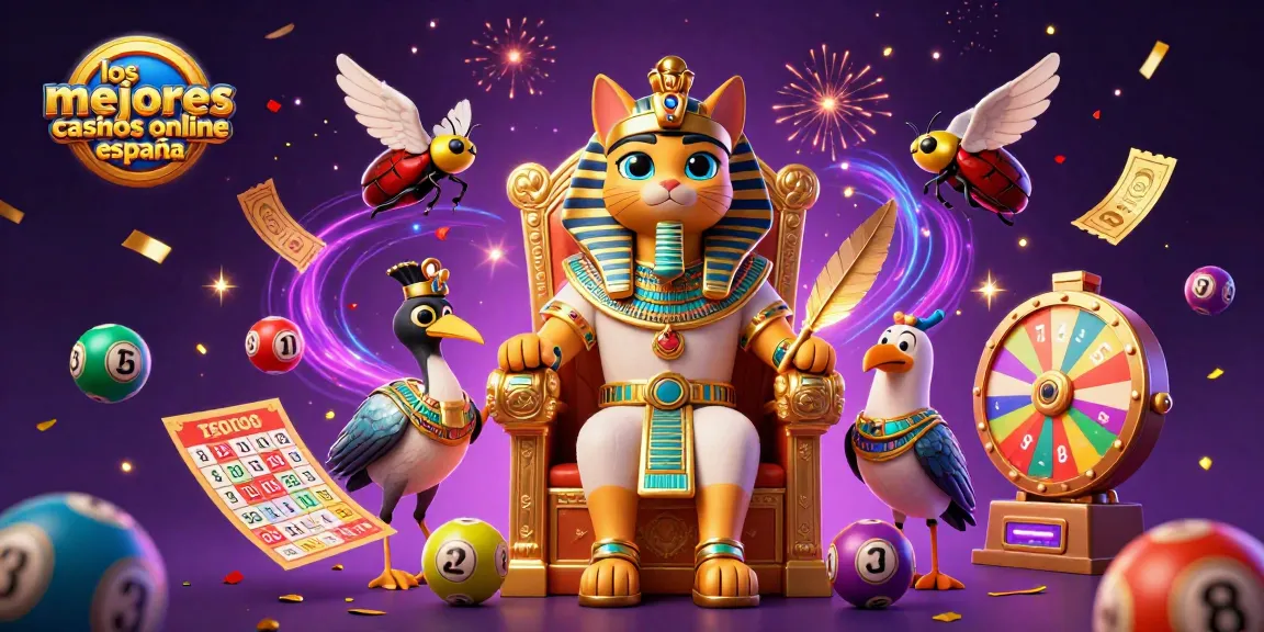 Ilustra los mejores casinos online España, mostrando un gato faraónico y elementos de juego vibrantes.