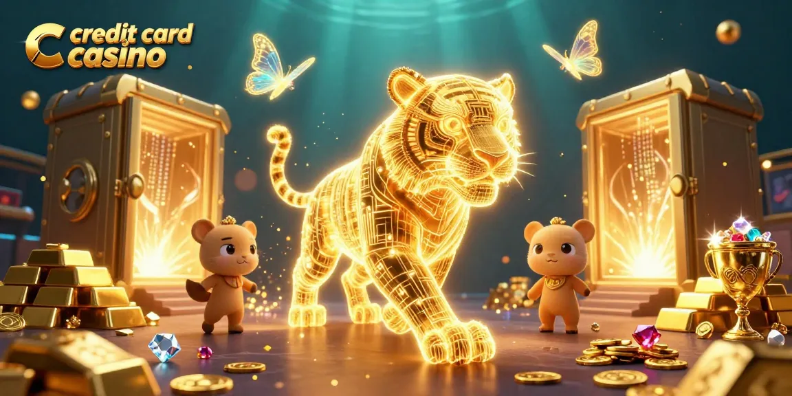 Experience the thrill at a vibrant credit card casino featuring dynamic characters and sparkling treasures.