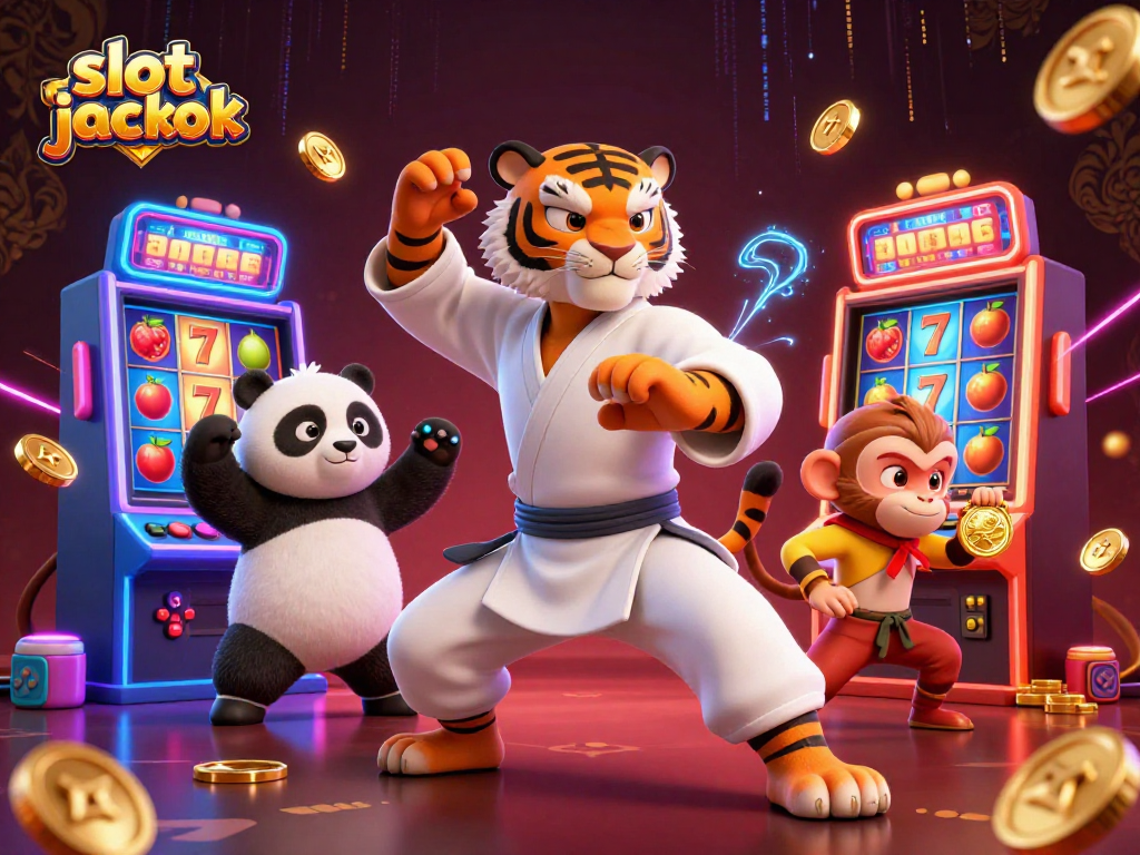 Spin to win with the vibrant slot jackpot scene featuring a kung fu tiger, panda, and monkey.