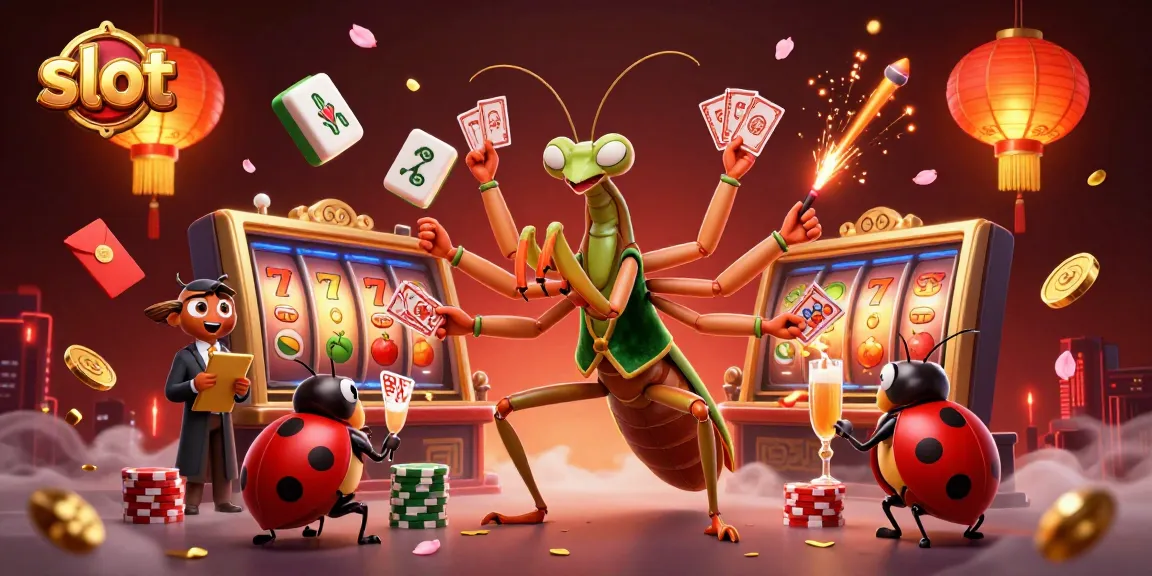 Spin the slot reels with a 3D mantis dealer and ladybug pit boss in this vibrant casino scene.