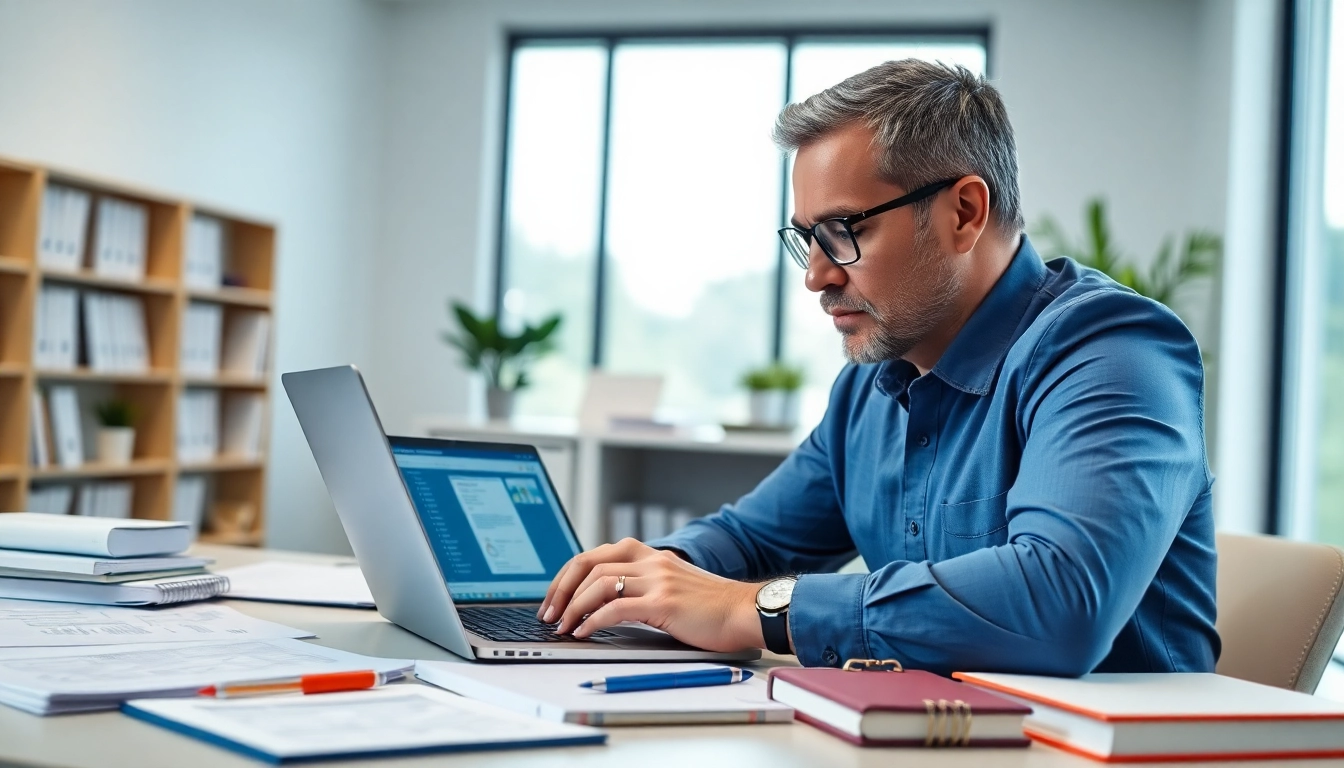 Consultant working on registration and certification in Federal databases in a modern office.
