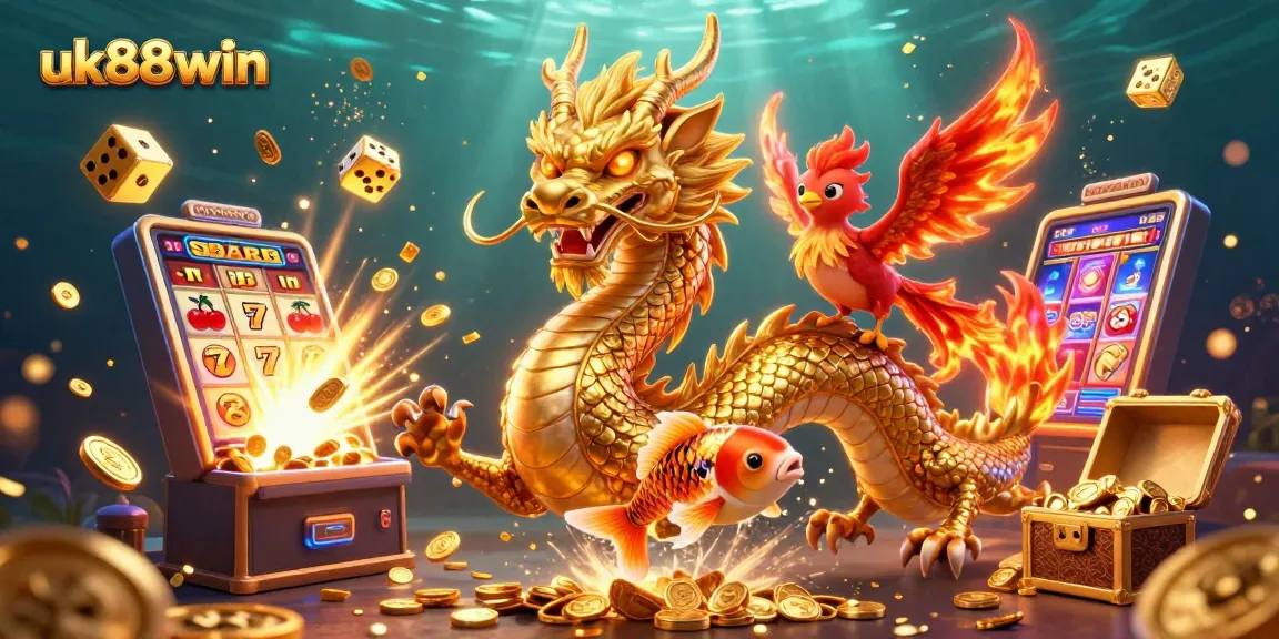 Experience vibrant gameplay and jackpots with uk88win's thrilling casino scene featuring dragons and coins.