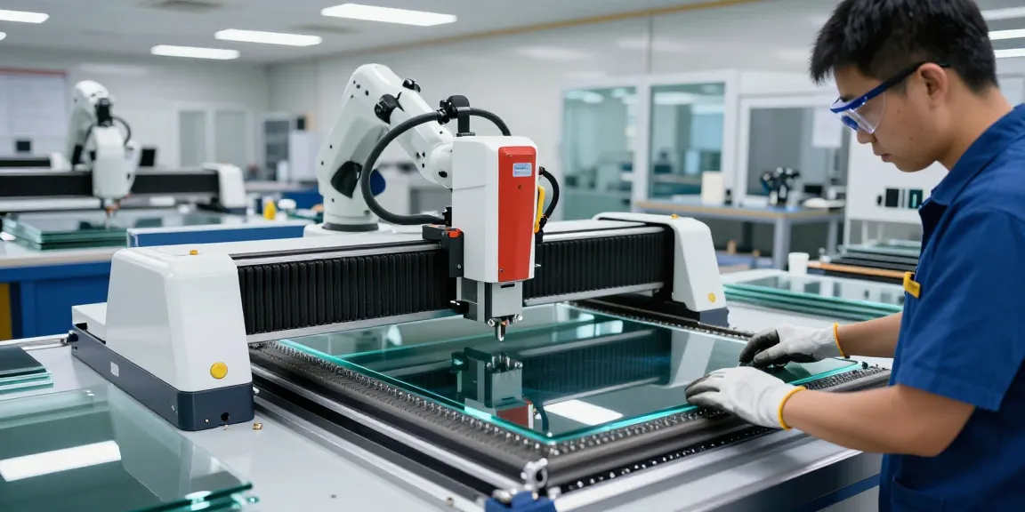 Technician operating a cutting machine glass in a modern glass processing workshop.