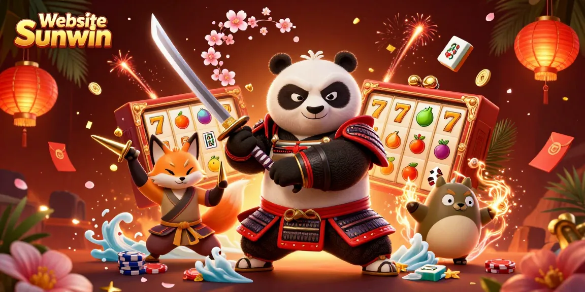 Engage in thrilling gameplay at Website Sunwin with a vibrant casino scene featuring samurai panda and ninja fox.