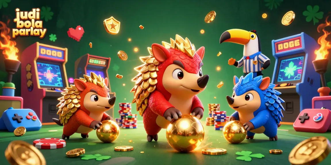 Experience thrills with judi bola parlay in a vibrant 3D cartoon scene of pangolins bowling through poker chips.