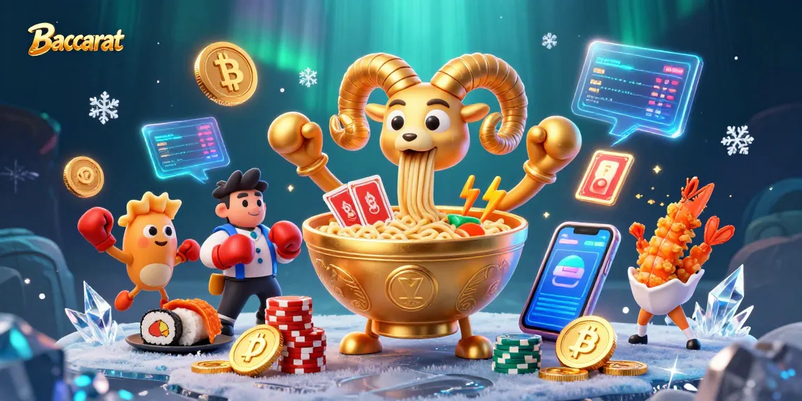 Baccarat-themed 3D scene with dynamic characters and crypto elements, capturing exciting gameplay.