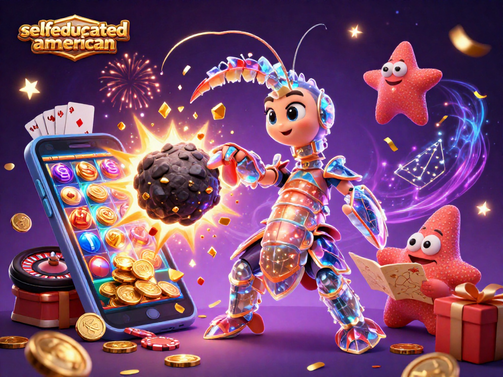 Selfeducatedamerican offers vibrant 3D casino adventure with exploding gems and spinning slot reels.