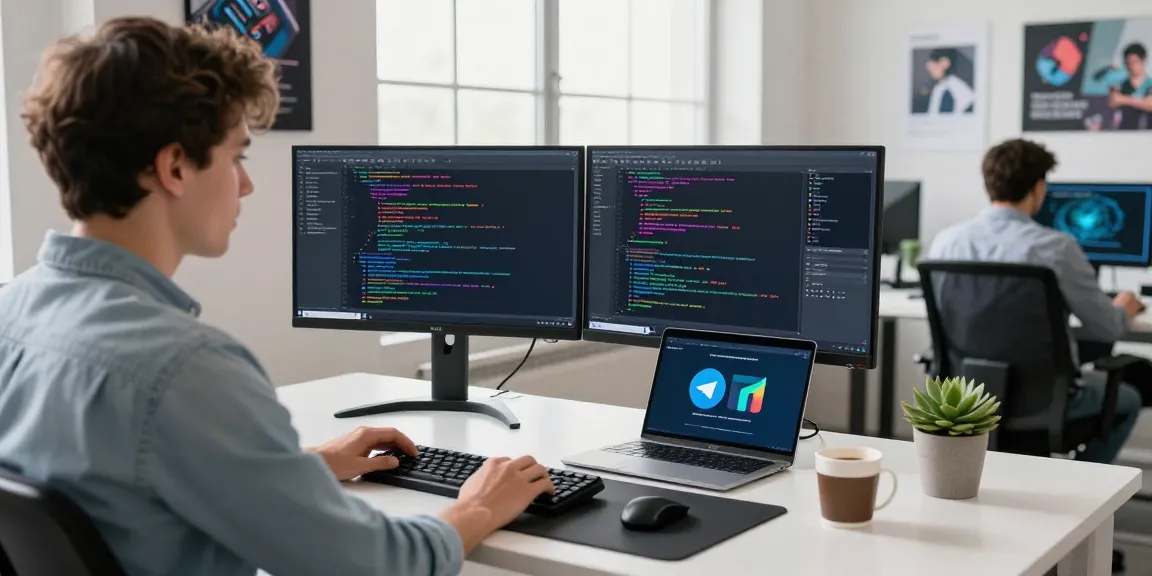 Hands coding on dual monitors while using the 纸飞机中文版 app in a modern office.