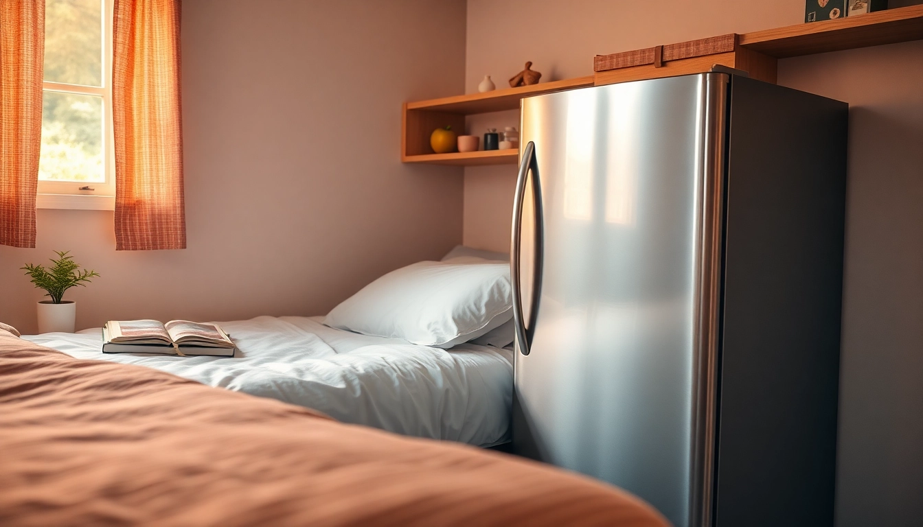 Stylish dorm room fridge displaying neatly arranged snacks and drinks in a cozy dorm setting.