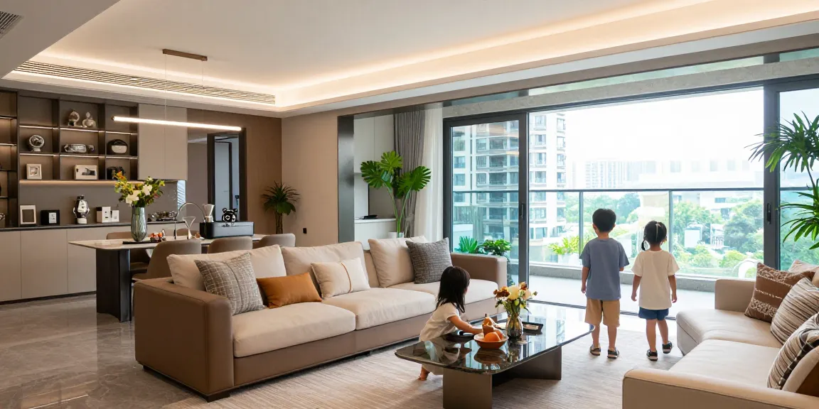 Tanjong Rhu Residences Showflat showcasing a modern living space with family exploring and luxury architectural details.