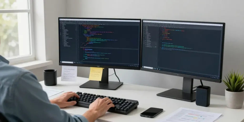 Programmer using Notepad++ in a modern workspace with dual monitors.