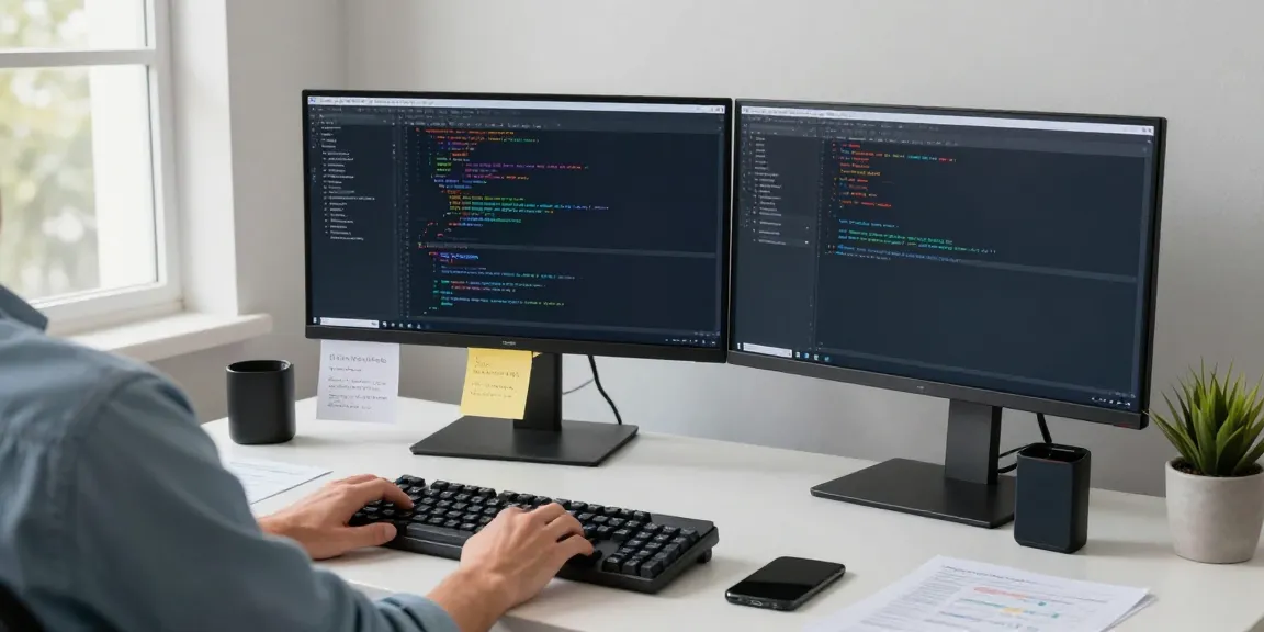 Programmer using Notepad++ in a modern workspace with dual monitors.