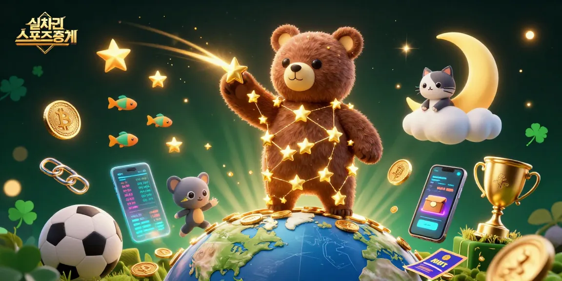 Engage with 실시간스포츠중계 through a vibrant scene featuring sports elements, golden coins, and a cosmic bear.