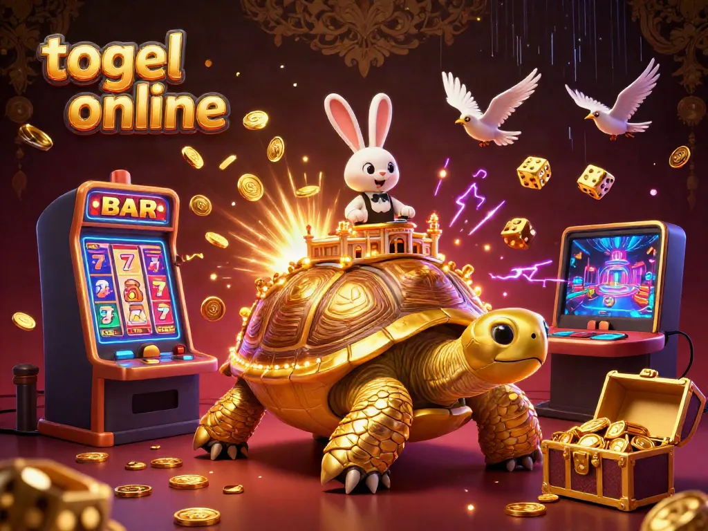 Experience togel online with a dynamic casino scene featuring a golden tortoise and bursting jackpots.