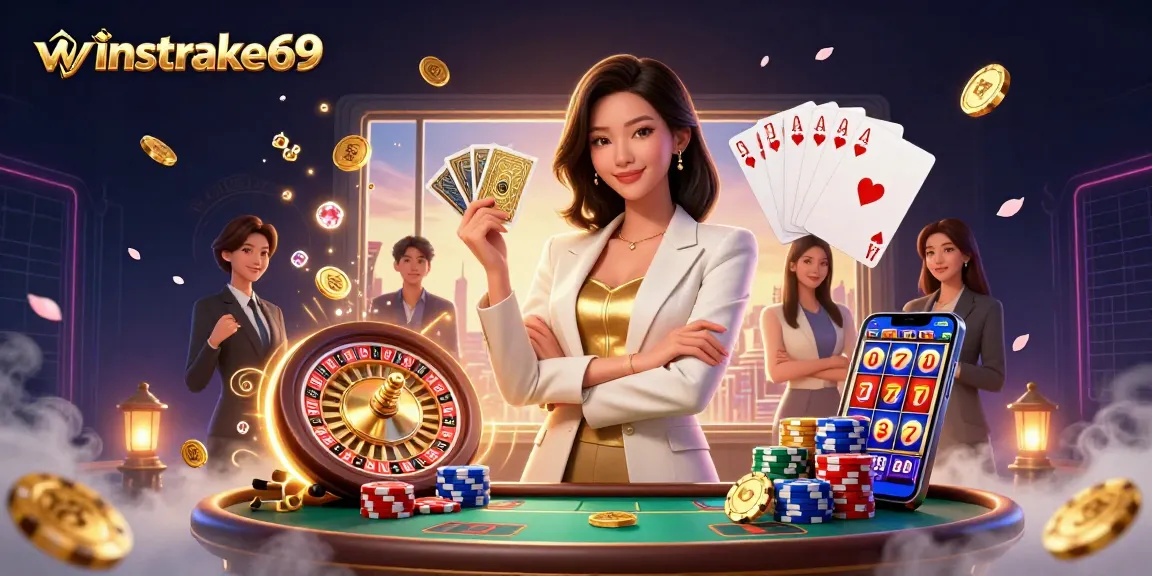 Experience high-stakes play with winstrike69, showcasing a powerful Asian woman holding golden cards in a vibrant casino scene.