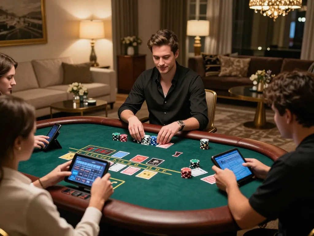 Players enjoying cm88 with live dealer games in a stylish home setup.