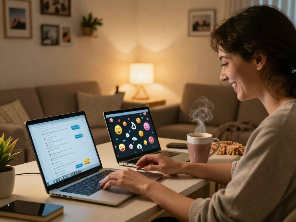 Couple engaging in playful sexting ai conversation in a cozy home office.