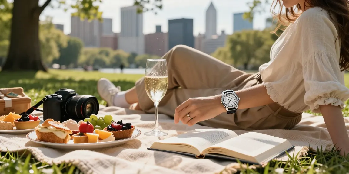 Person enjoying a sunny park day while showcasing a stylish replica watch among gourmet snacks.