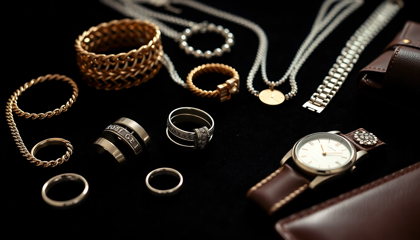 Explore stunning Men’s jewelry pieces arranged elegantly on black velvet.