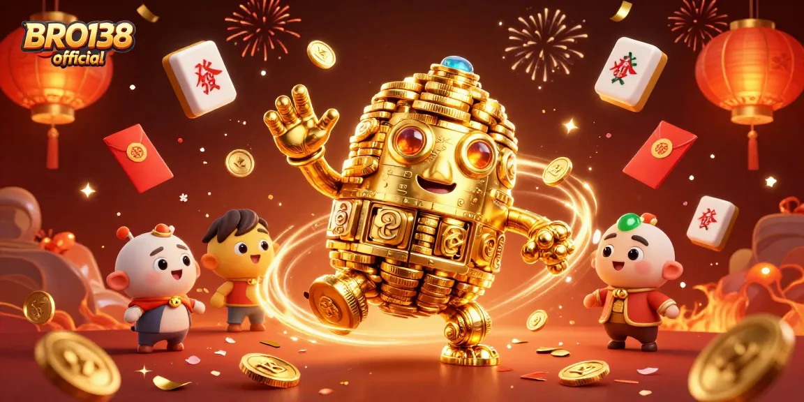 Spin the reels on BRO138 official with a lively scene featuring golden golem and festive elements.