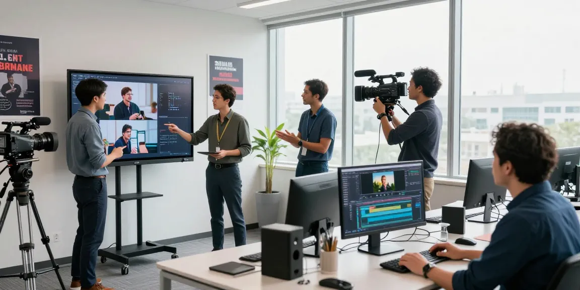 Dynamic team engaged in corporate video recording SG in modern studio setting with cameras and editing gear.