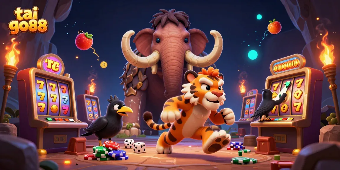 Experience the thrill of tai go88 with vibrant slot machines and dynamic casino elements in a prehistoric setting.
