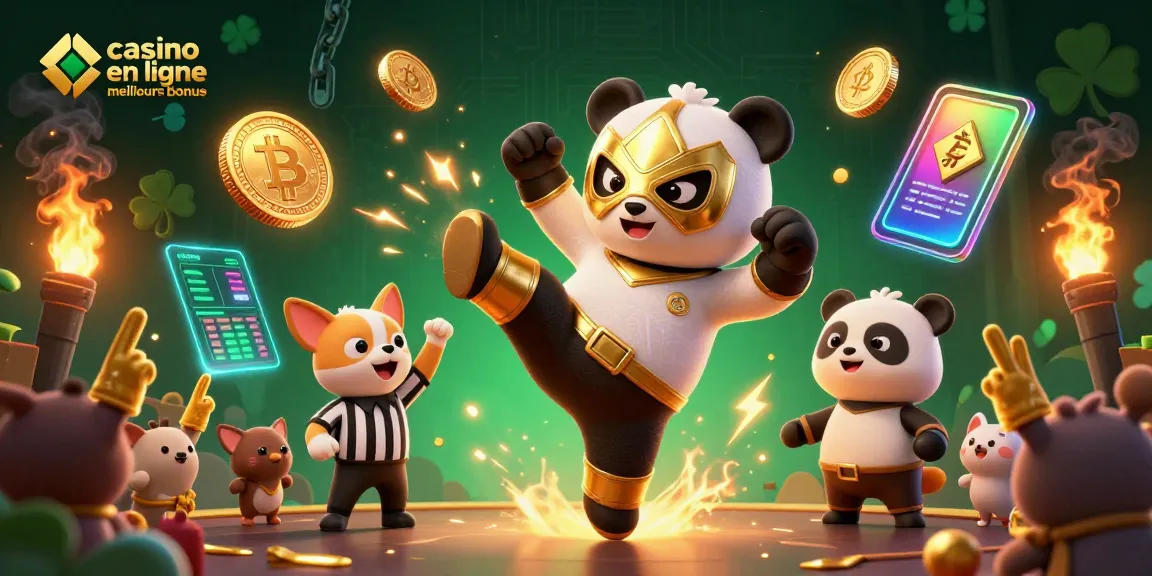 Profitez de la scène animée de casino en ligne meilleurs bonus avec un panda lutteur stimulant des émotions sous un éclairage dynamique.