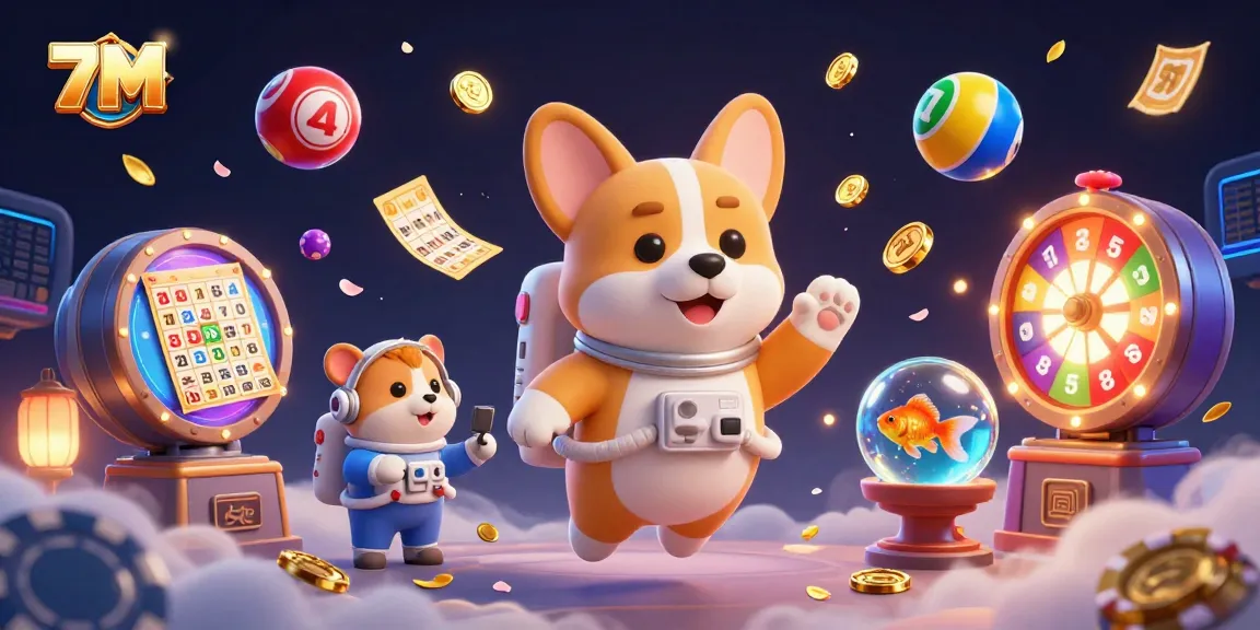 The 7M themed casino scene features a playful astronaut corgi, mission-control hamster, and goldfish amid vibrant lottery elements.
