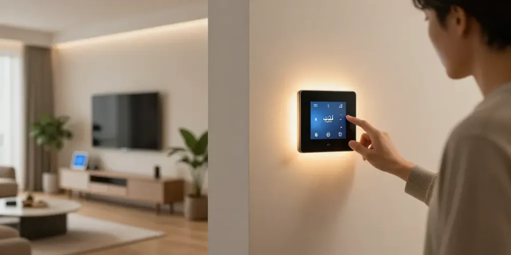 Homeowner using a کلید لمسی touch switch in a stylish smart home.