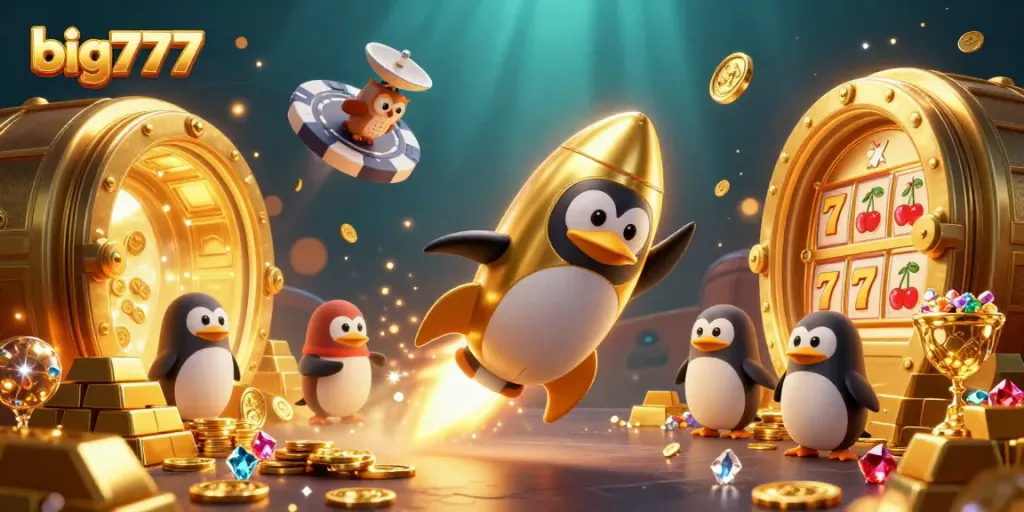 Experience the thrill of big777 as the golden penguin navigates slots in a vibrant casino adventure.
