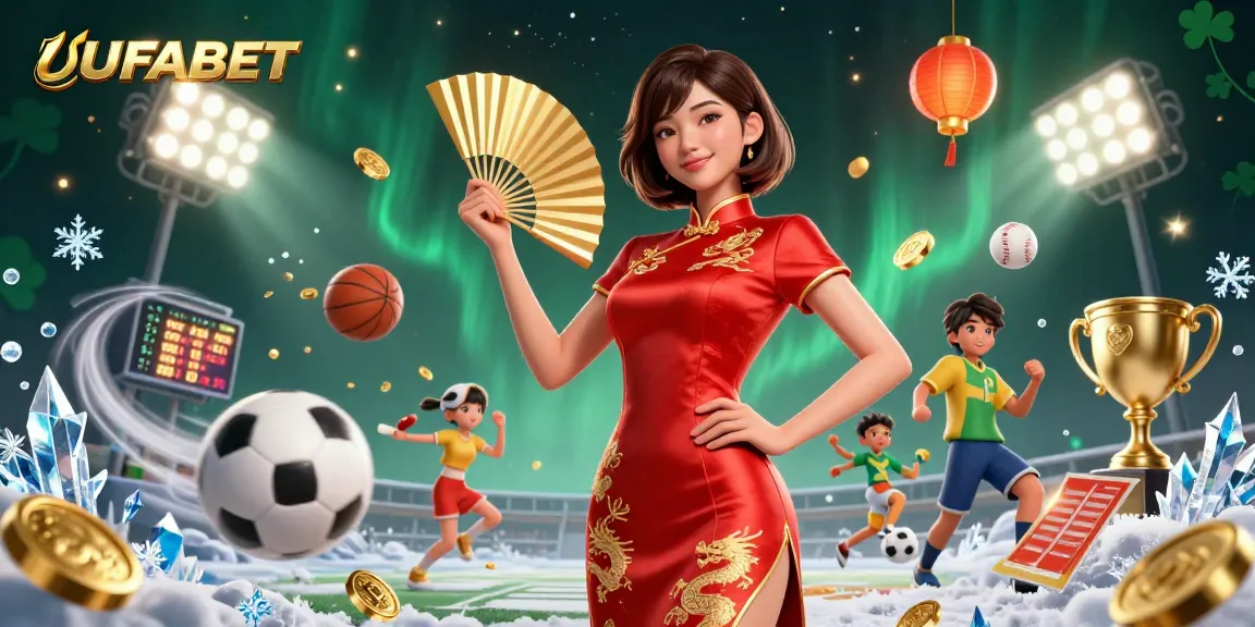 Experience thrilling action at UFABET with a confident Asian woman celebrating wins surrounded by gold coins and sports elements.