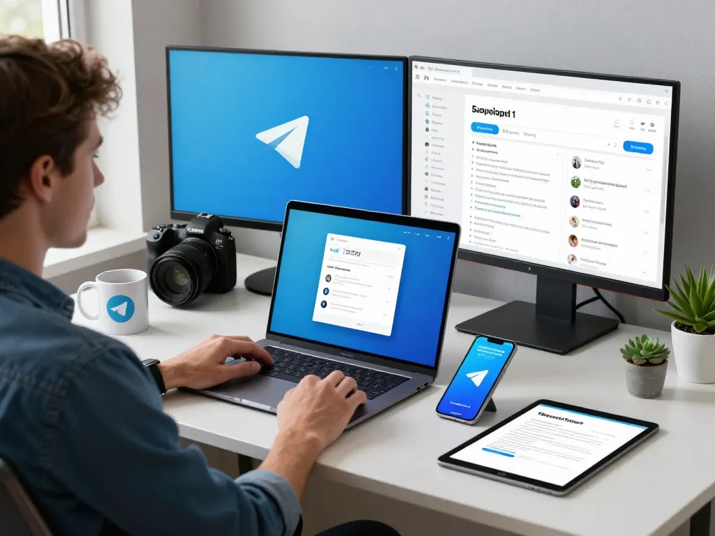 A tech-savvy workspace showcasing Telegram 下载 process on a MacBook and smartphone, highlighting user-friendly digital communication.