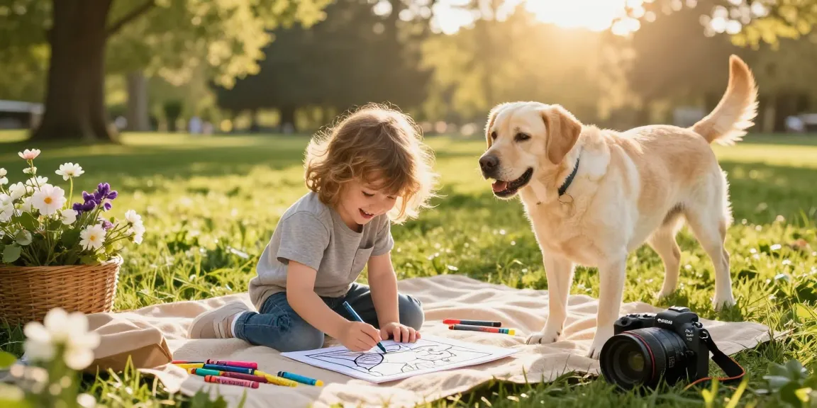 Engaging educational coloring scene with a happy child coloring a Labrador Retriever page outdoors.