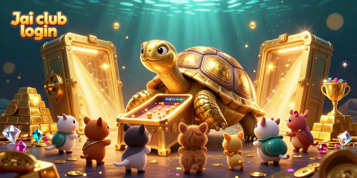 Join the fun on Jai club login with a golden tortoise pinball machine surrounded by exciting rewards and gems.