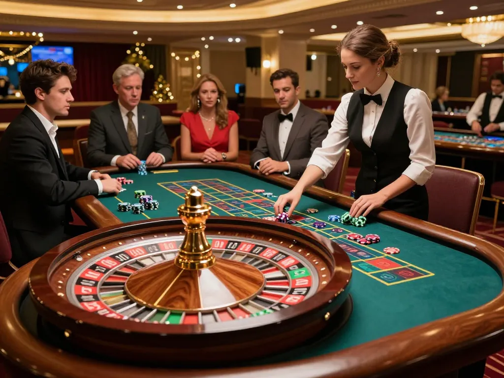 Engaging players at g28-t1 roulette table placing bets in a luxurious casino atmosphere.