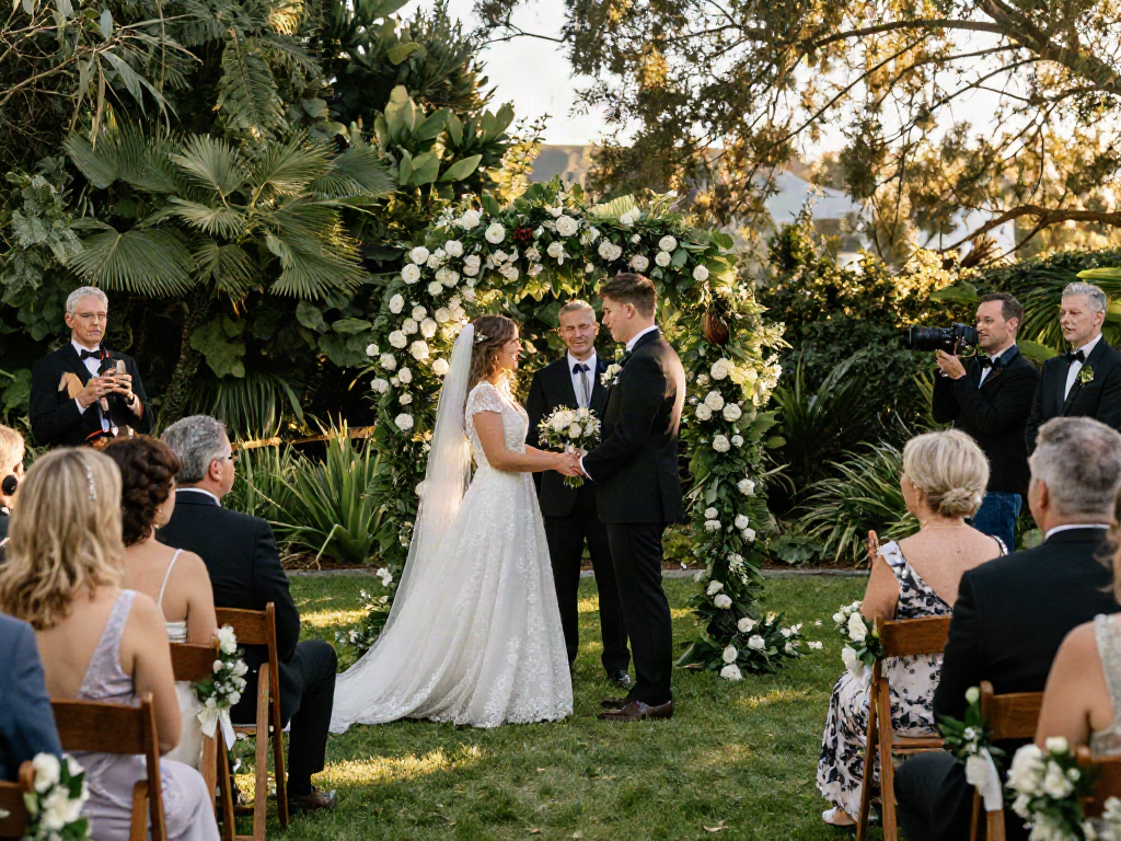 Documentary wedding photographer in Dunedin capturing an intimate outdoor ceremony with a couple exchanging vows.