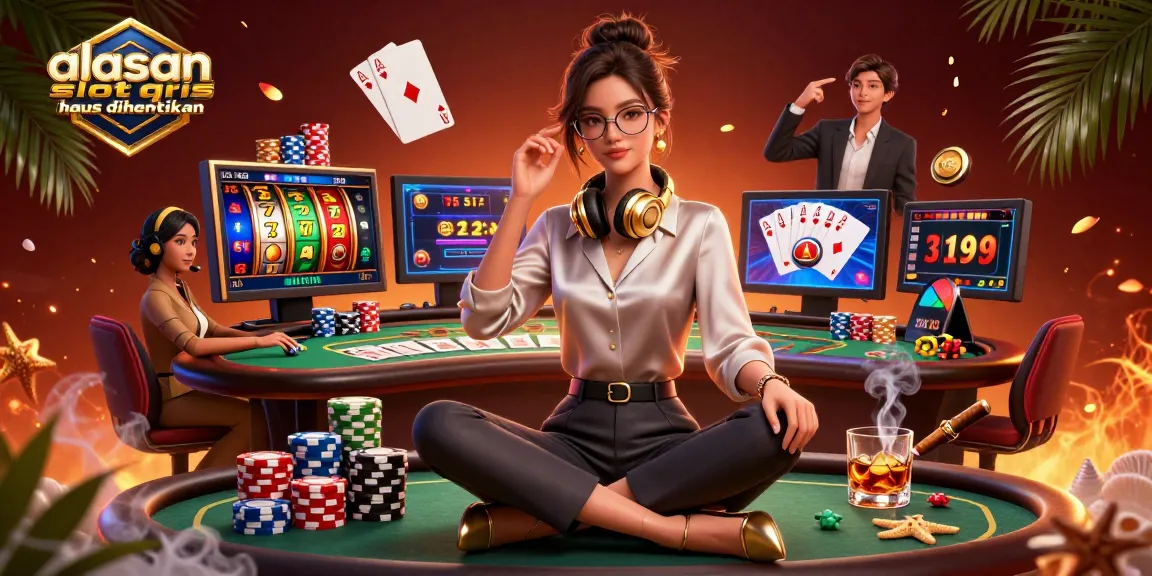 Immerse in the action of "alasan slot qris harus dihentikan" with a gaming scene showcasing vibrant slot reels and poker elements.
