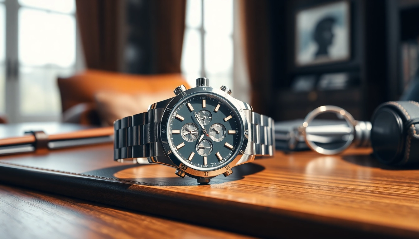 Showcase a luxurious replica watch with detailed craftsmanship on a wooden surface.